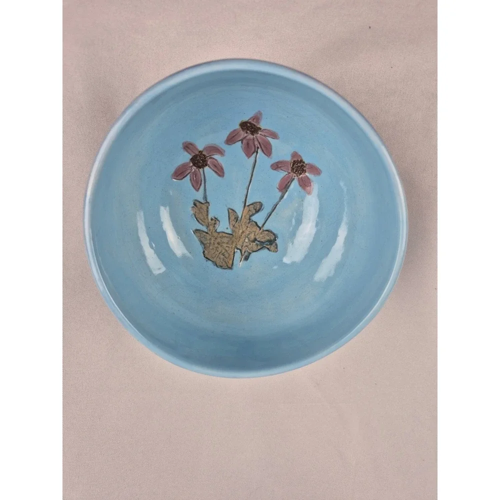SWB‎ Signed Studio Pottery Ceramic Floral Bowl Blue Hand Painted Art Potter